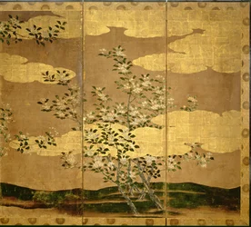 Blomster af kameliaer (pen og blæk, farve, guldpapir på panel) (se 216565)